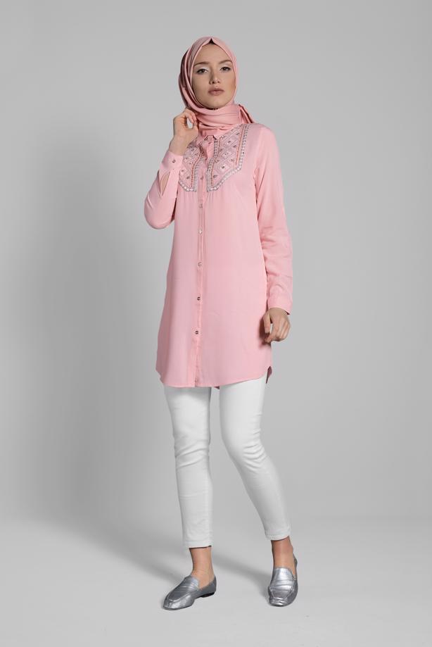 Vêtements hijab  EMBROIDERED COTTON TUNIC 2174  - TRENDTESETTÜR