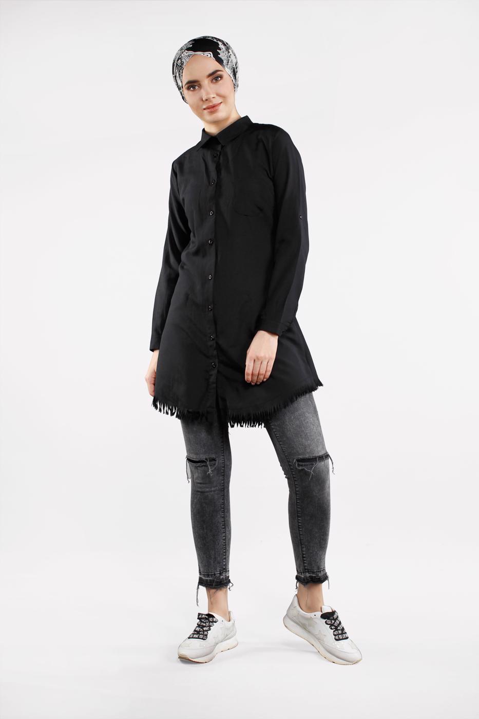 Tesettür giyim SİYAH ETEK UCU PÜSKÜLLÜ TUNİK 2243