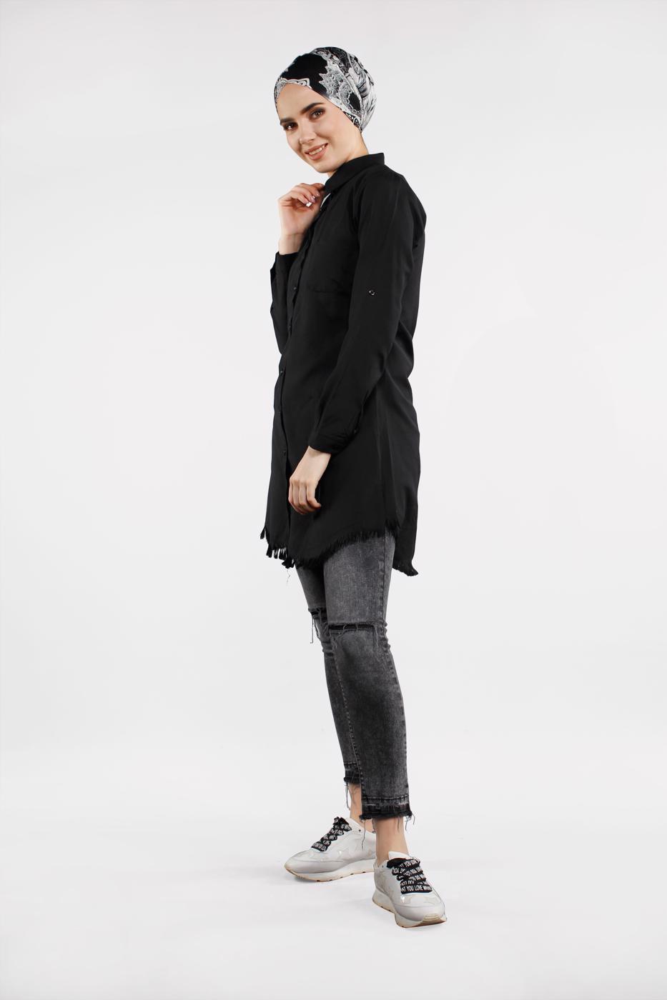 Tesettür giyim SİYAH ETEK UCU PÜSKÜLLÜ TUNİK 2243