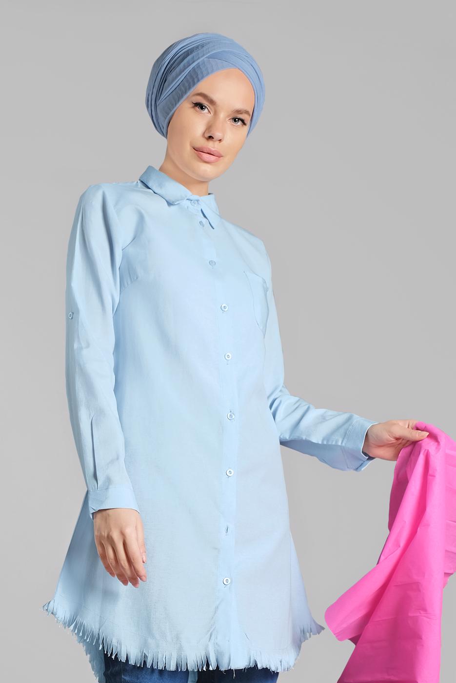 Tesettür giyim MAVİ ETEK UCU PÜSKÜLLÜ TUNİK 2243