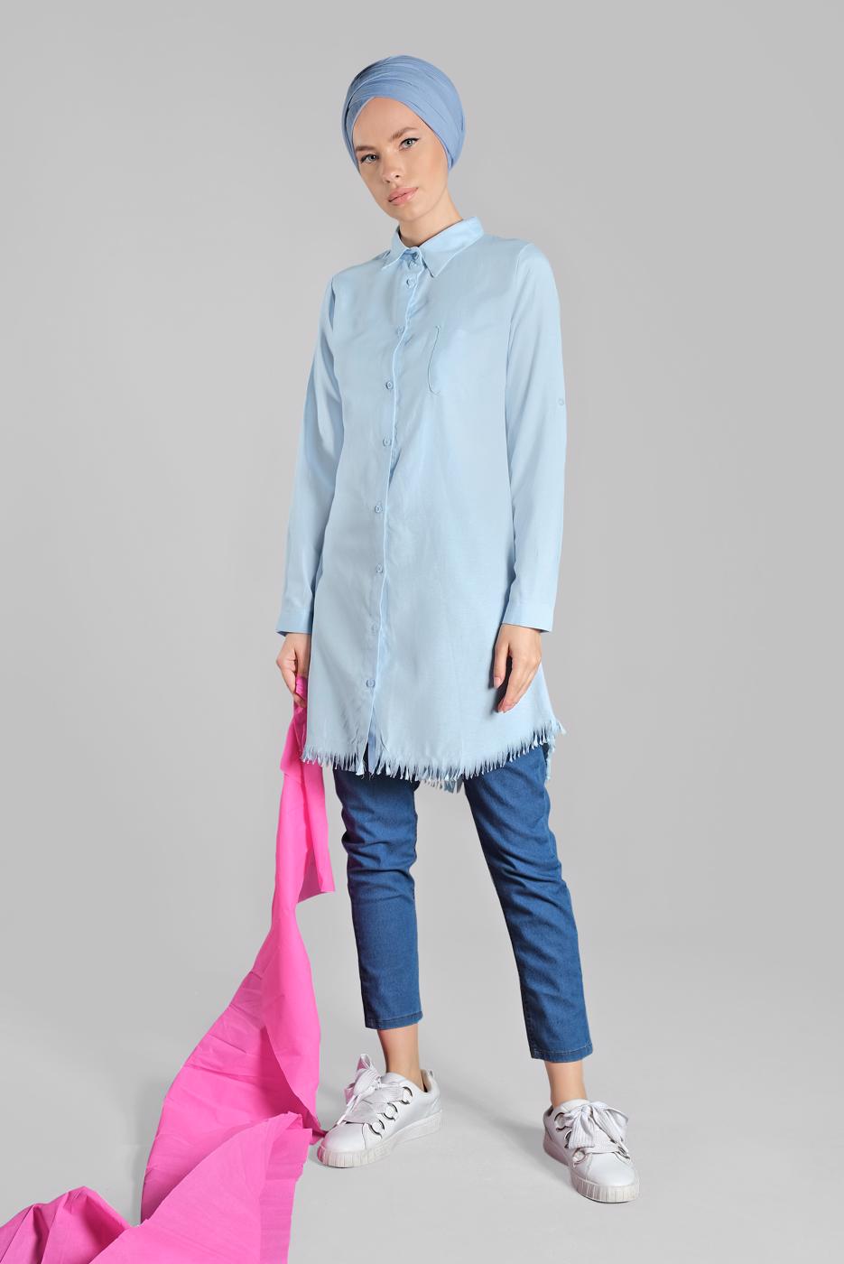 Tesettür giyim MAVİ ETEK UCU PÜSKÜLLÜ TUNİK 2243