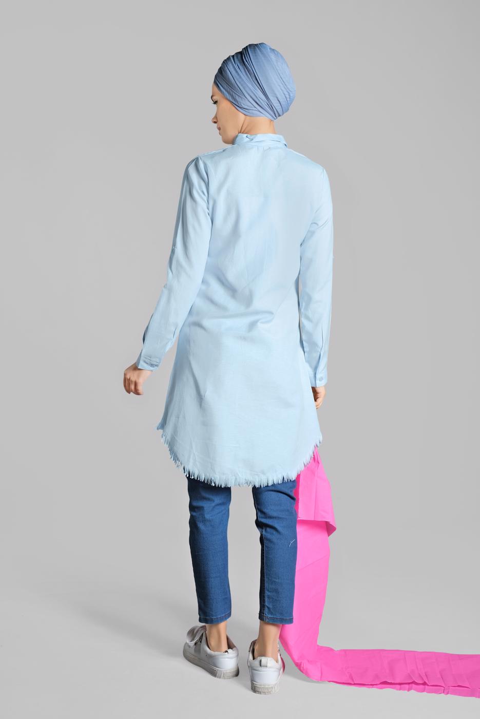 Tesettür giyim MAVİ ETEK UCU PÜSKÜLLÜ TUNİK 2243