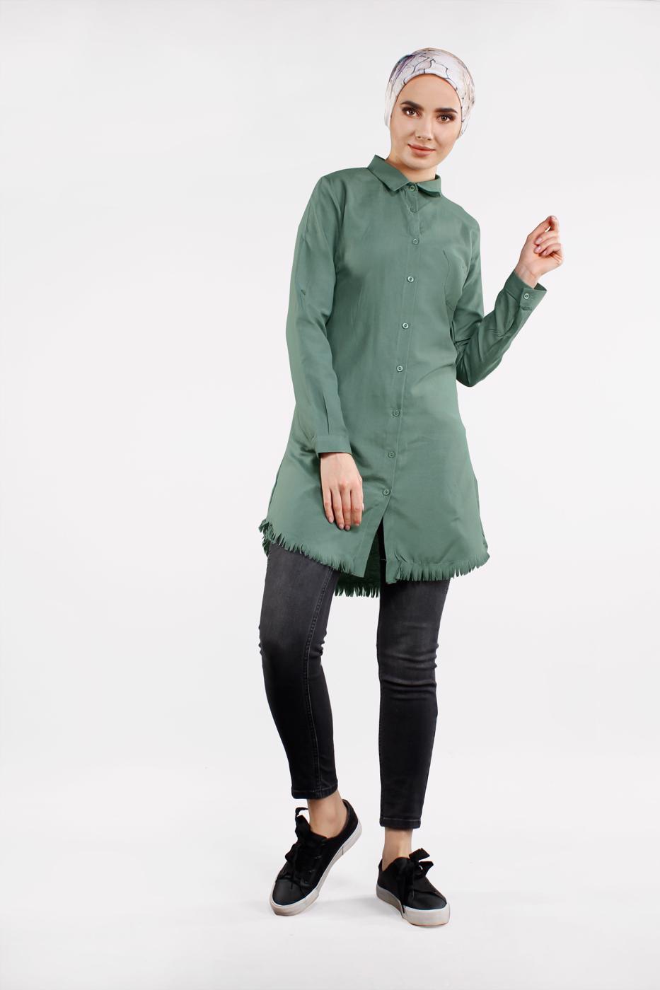 Tesettür giyim YEŞİL ETEK UCU PÜSKÜLLÜ TUNİK 2243