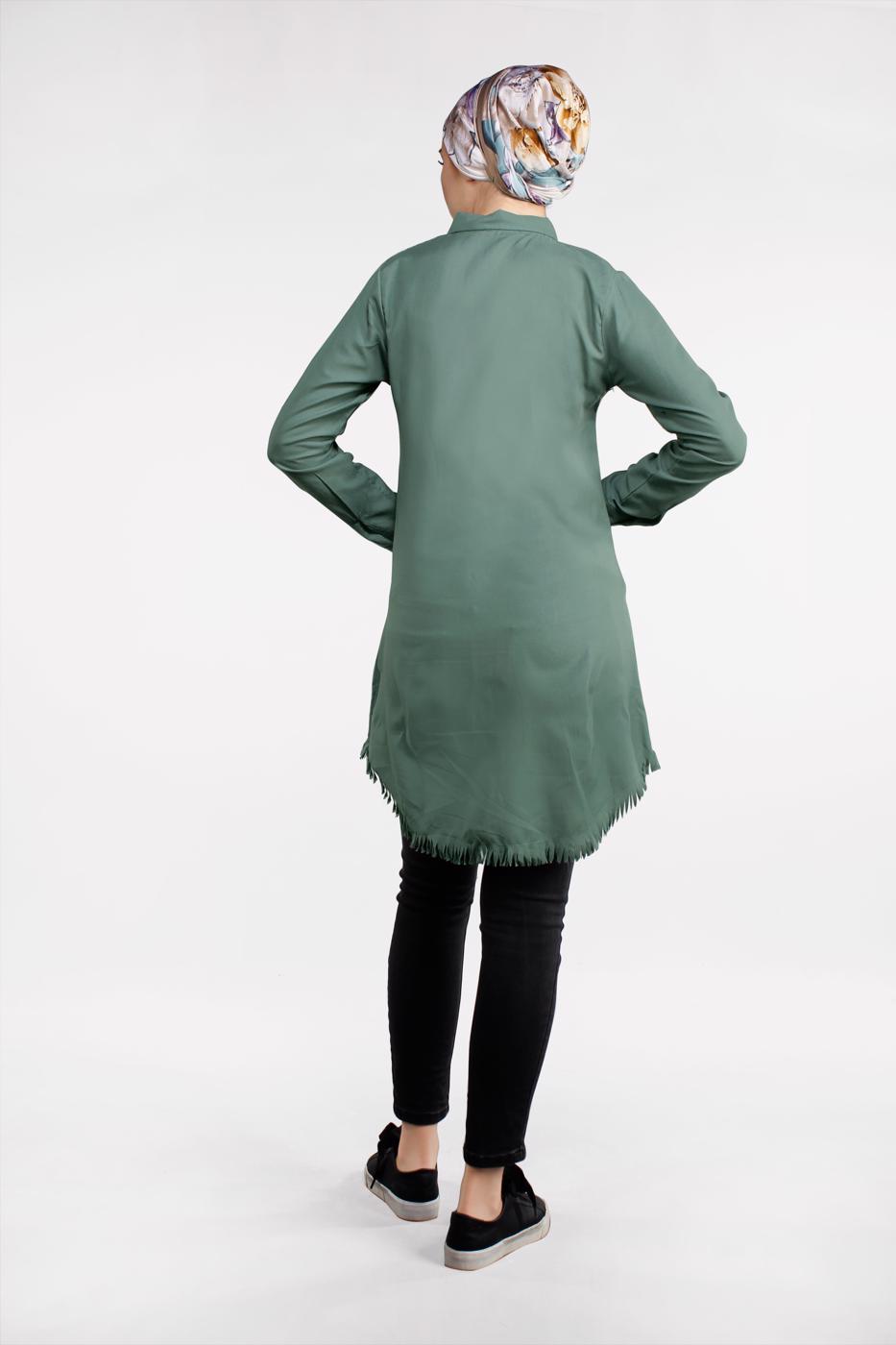 Tesettür giyim YEŞİL ETEK UCU PÜSKÜLLÜ TUNİK 2243