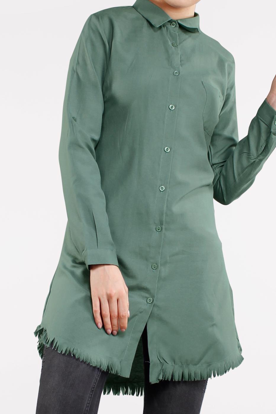 Tesettür giyim YEŞİL ETEK UCU PÜSKÜLLÜ TUNİK 2243