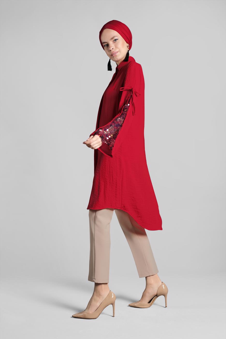 Tesettür giyim KIRMIZI PUL PAYETLİ PAMUKLU TUNİK 2414