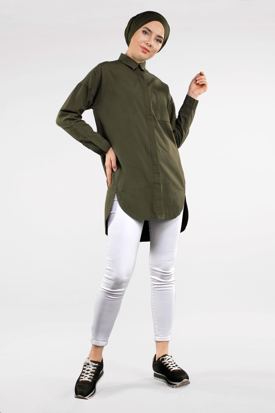 Tesettür giyim HAKİ CEP DETAYLI TUNİK 2434
