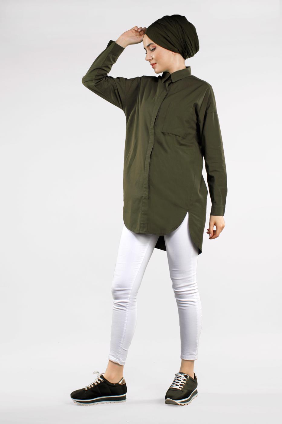 Tesettür giyim HAKİ CEP DETAYLI TUNİK 2434