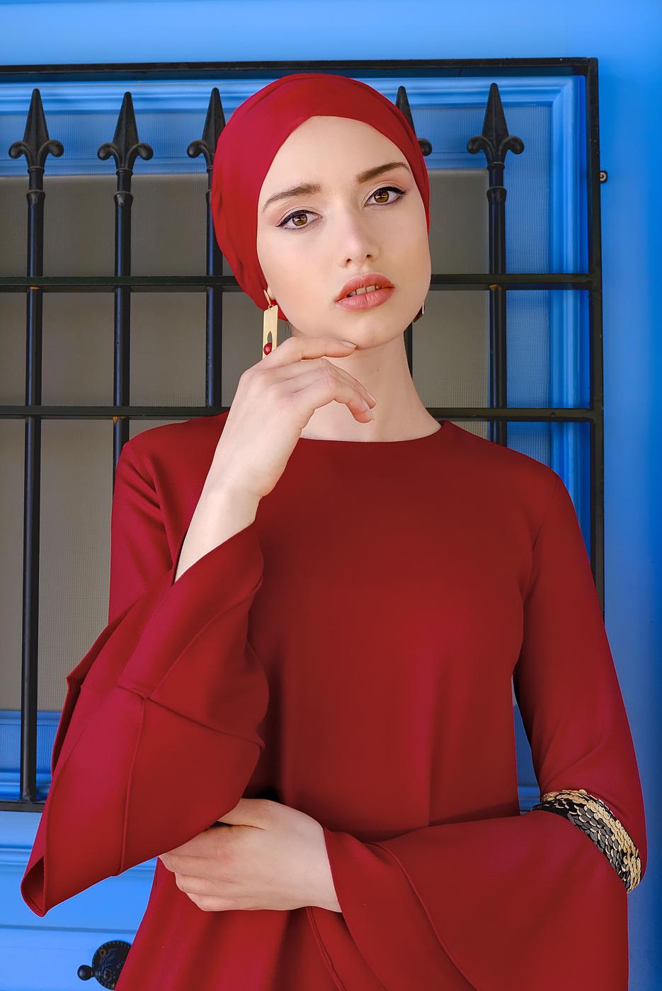 Tesettür giyim BORDO KOLLARI VOLANLI PUL PAYET DETAYLI TUNİK 2484 