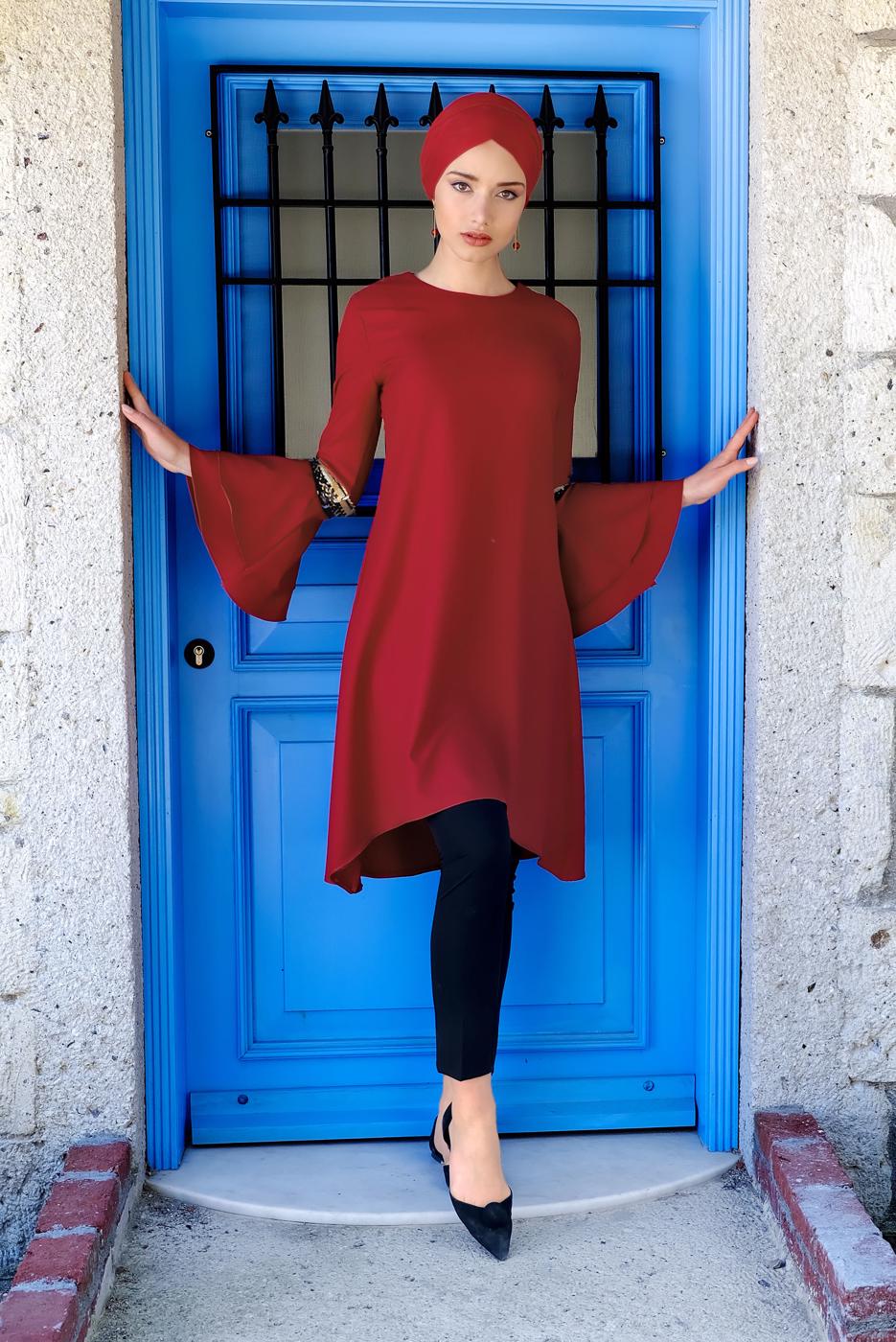 Tesettür giyim BORDO KOLLARI VOLANLI PUL PAYET DETAYLI TUNİK 2484 