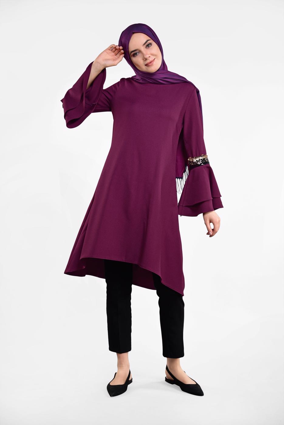 Tesettür giyim MOR KOLLARI VOLANLI PUL PAYET DETAYLI TUNİK 2484 