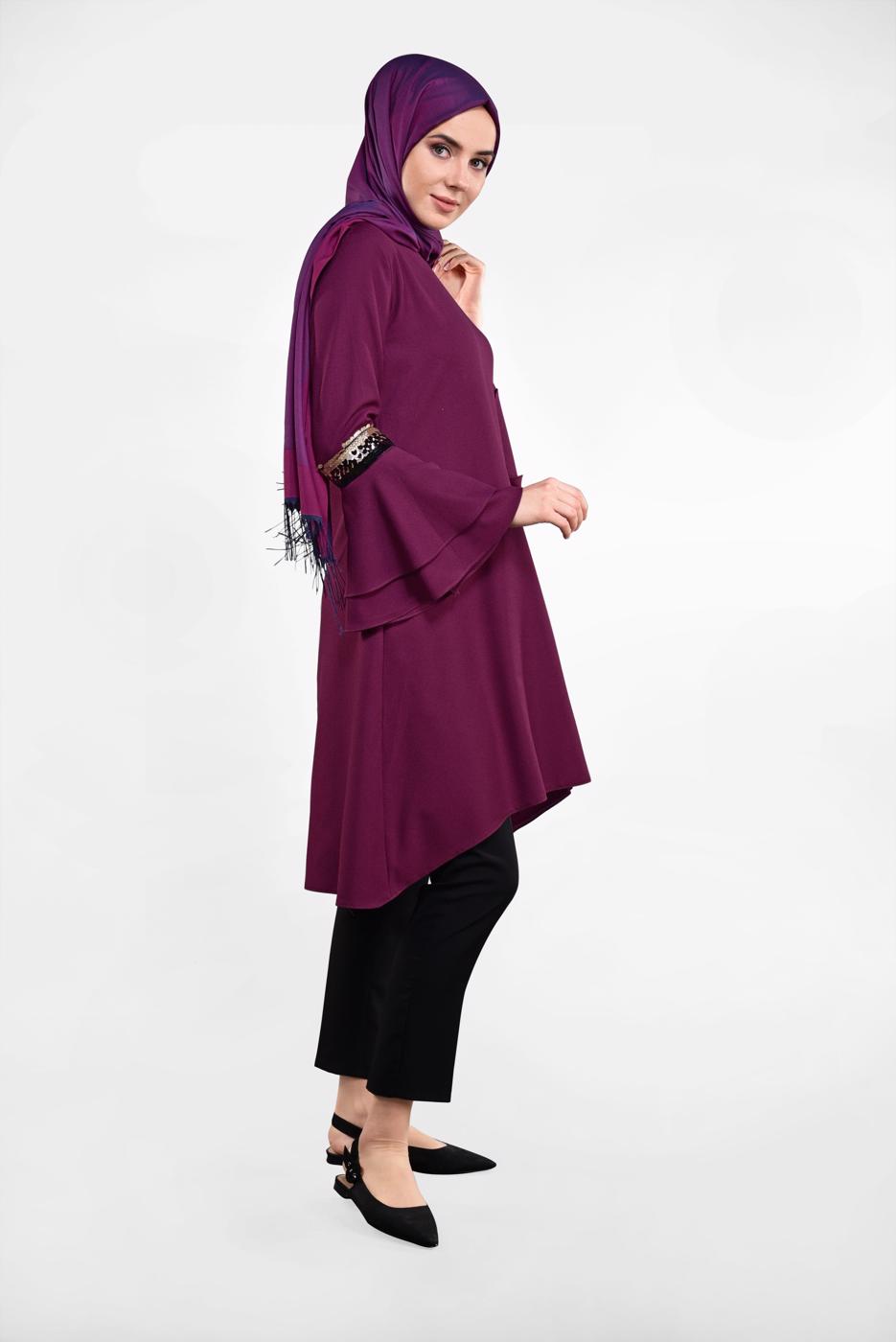 Tesettür giyim MOR KOLLARI VOLANLI PUL PAYET DETAYLI TUNİK 2484 
