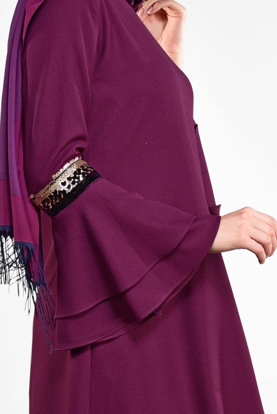 Tesettür giyim MOR KOLLARI VOLANLI PUL PAYET DETAYLI TUNİK 2484 