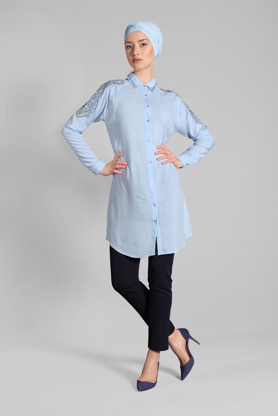 Vêtements hijab BLEU TUNIQUE CHEMISE EMBELLIE 2691