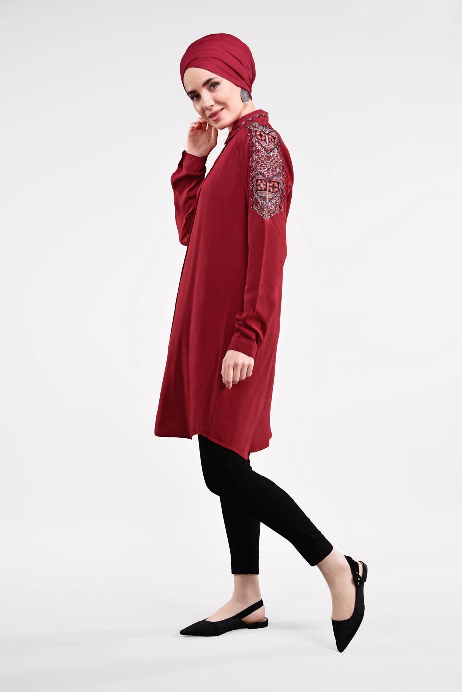 Vêtements hijab ROUGE TUNIQUE CHEMISE EMBELLIE 2691