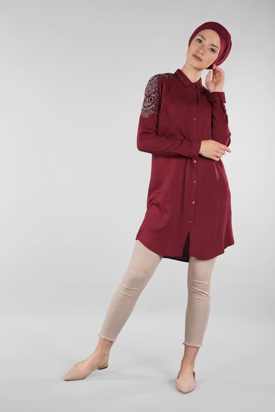Vêtements hijab ROUGE BORDEAUX TUNIQUE CHEMISE EMBELLIE 2691