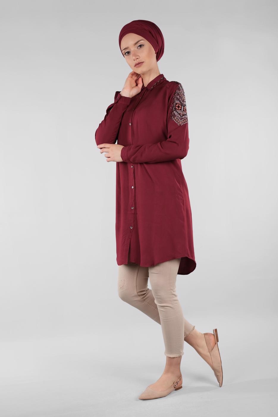 Vêtements hijab ROUGE BORDEAUX TUNIQUE CHEMISE EMBELLIE 2691