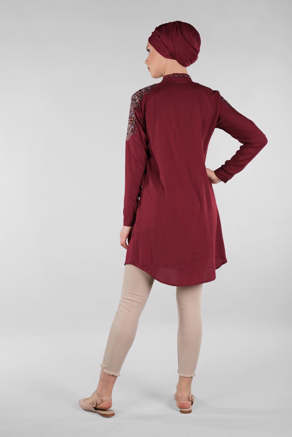 Vêtements hijab ROUGE BORDEAUX TUNIQUE CHEMISE EMBELLIE 2691