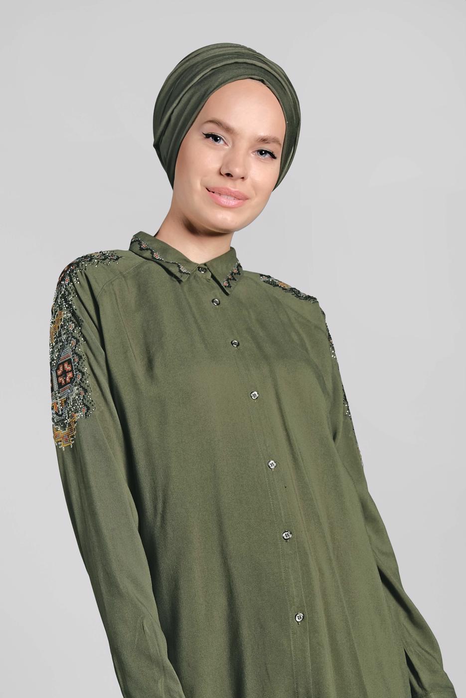 Hijab clothing KHAKI EMBELLISHED SHIRT TUNIC 2691