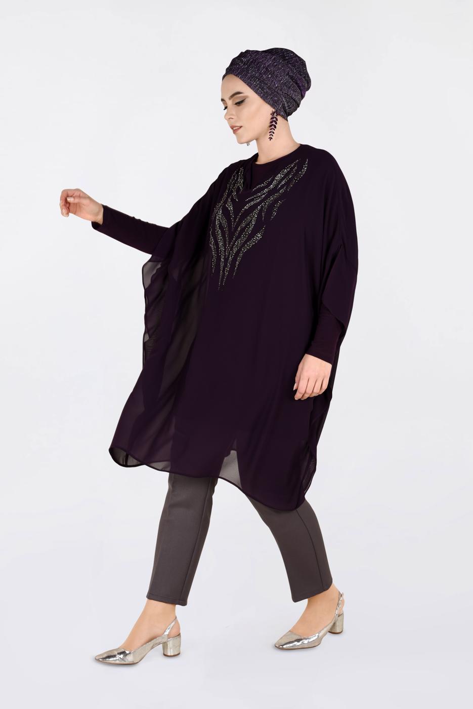 Vêtements hijab PRUNE TUNIQUE EN MOUSSELINE EMBELLIE 2819