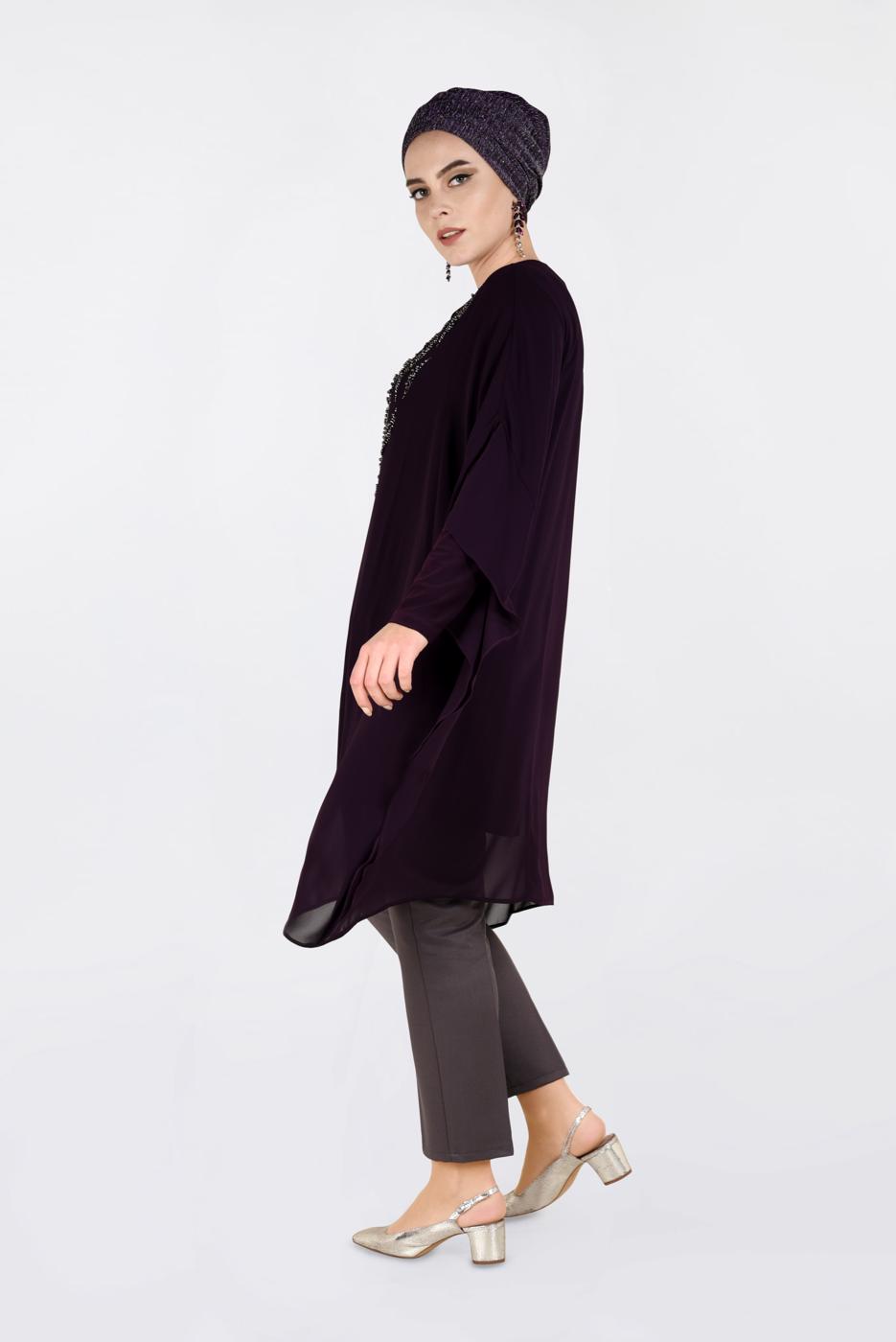 Vêtements hijab PRUNE TUNIQUE EN MOUSSELINE EMBELLIE 2819