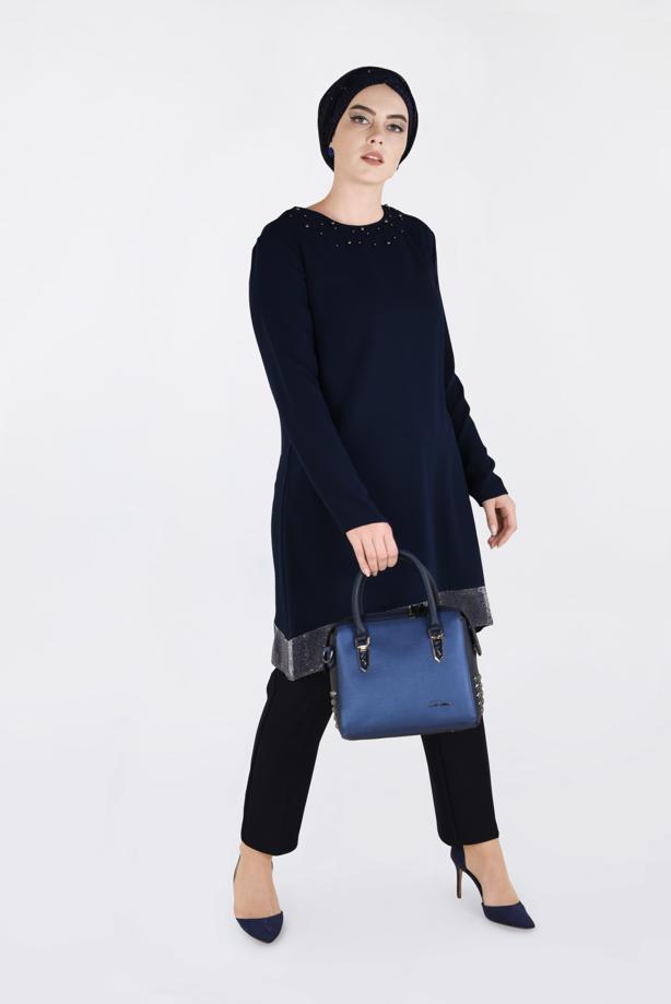 Vêtements hijab BLEU MARINE TUNIQUE EMBELLIE 2822 - TRENDTESETTÜR