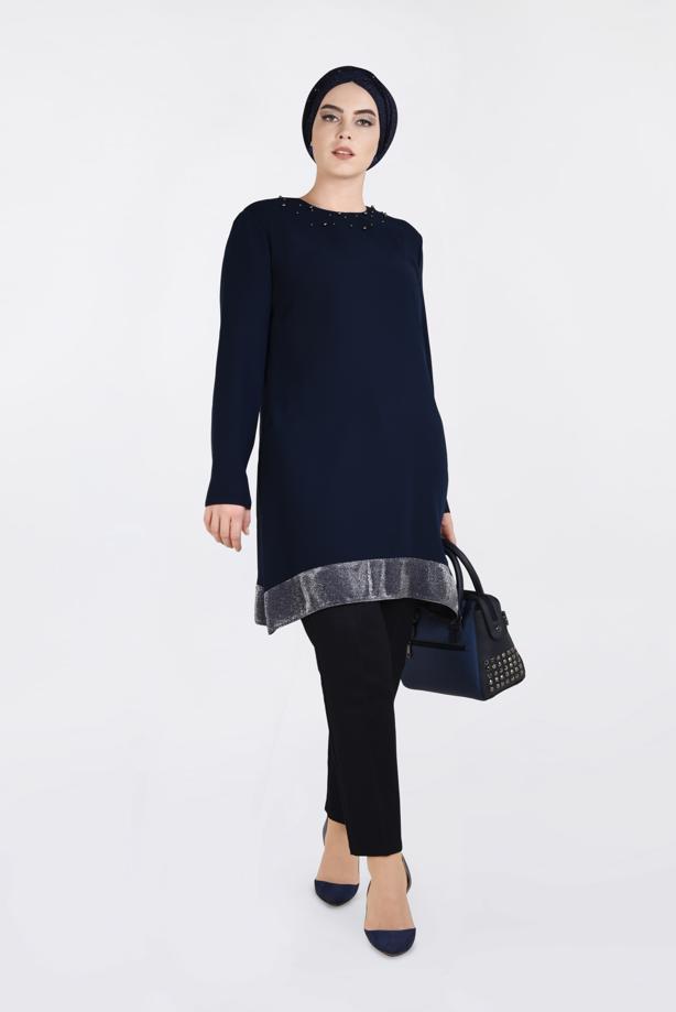 Vêtements hijab BLEU MARINE TUNIQUE EMBELLIE 2822 - TRENDTESETTÜR