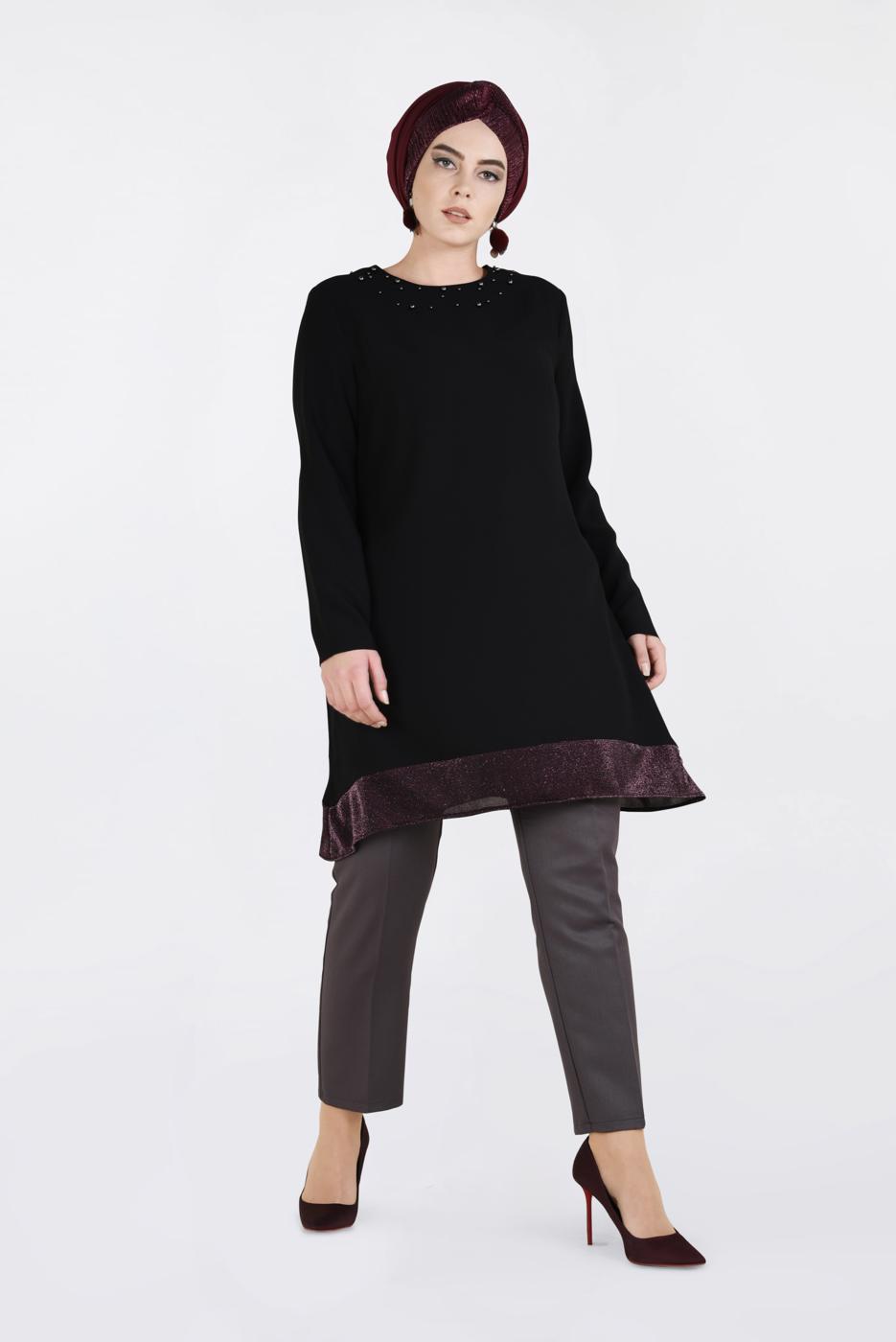 Tesettür giyim SİYAH ETEK UCU SİM ŞERİT DETAYLI TUNİK 2822 