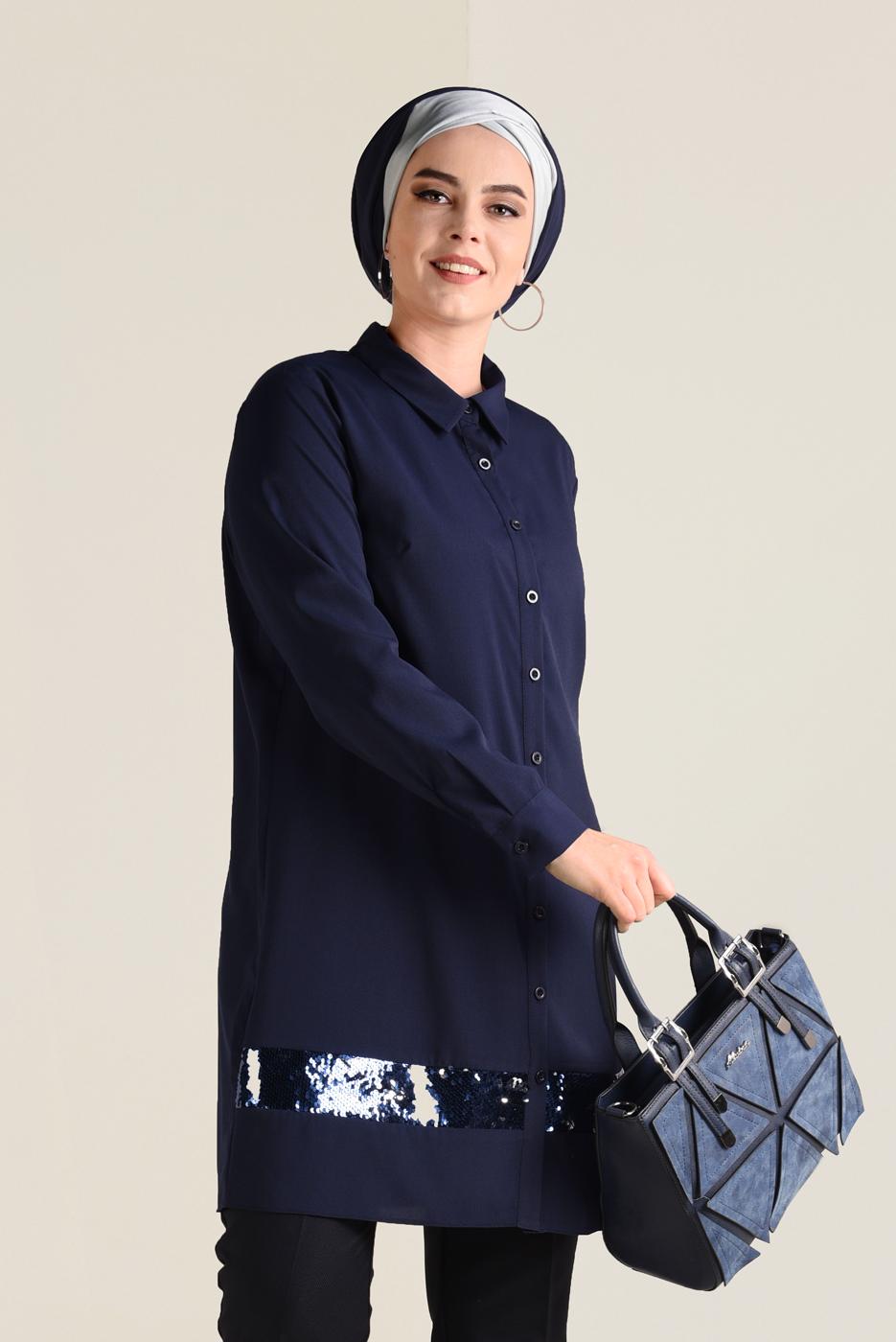 Vêtements hijab BLEU MARINE TUNIQUE CHEMISE À SEQUINS 2824