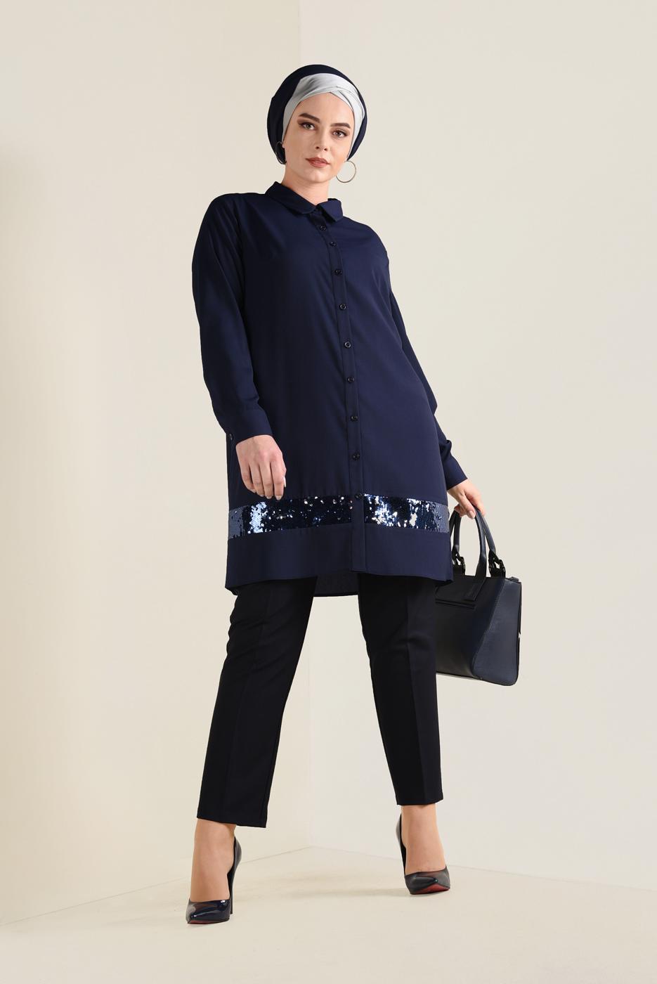 Vêtements hijab BLEU MARINE TUNIQUE CHEMISE À SEQUINS 2824
