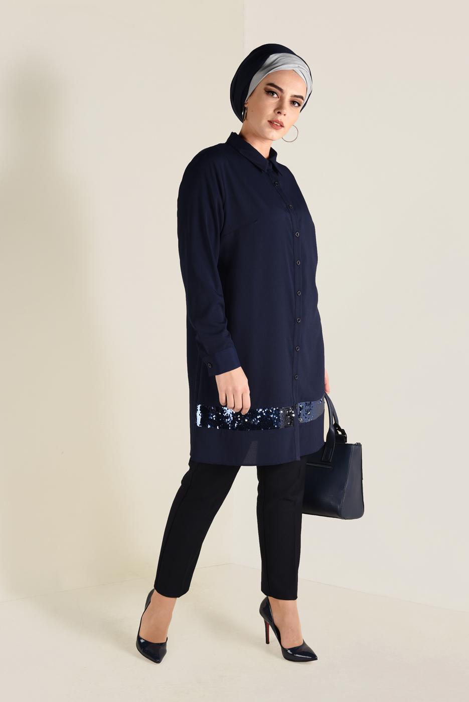 Vêtements hijab BLEU MARINE TUNIQUE CHEMISE À SEQUINS 2824