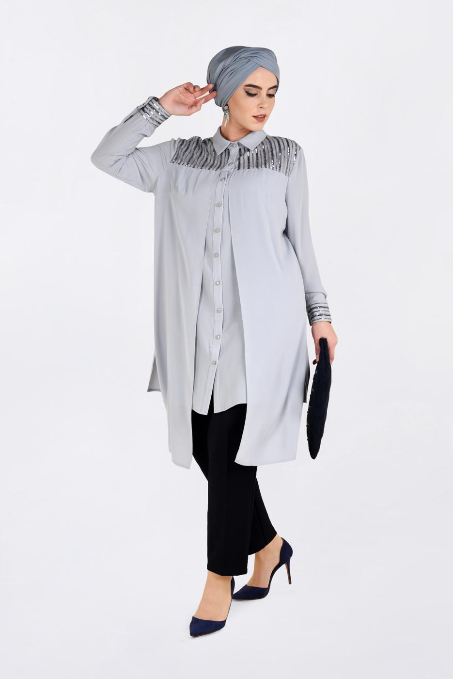 Tesettür giyim GRİ PUL PAYET DETAYLI TUNİK 2825 