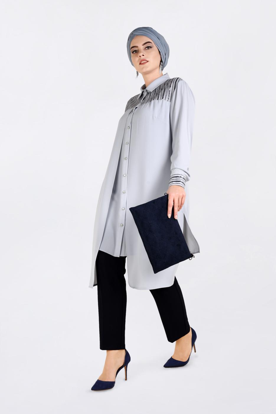 Tesettür giyim GRİ PUL PAYET DETAYLI TUNİK 2825 