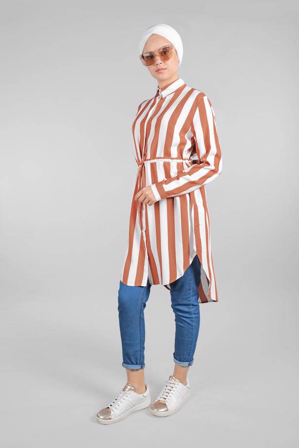 Tesettür giyim  BELDEN BAĞCIK DETAYLI ÇİZGİLİ TUNİK  2924  - TRENDTESETTÜR