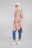 Tesettür giyim EKRU BELDEN BAĞCIK DETAYLI ÇİZGİLİ TUNİK  2924 