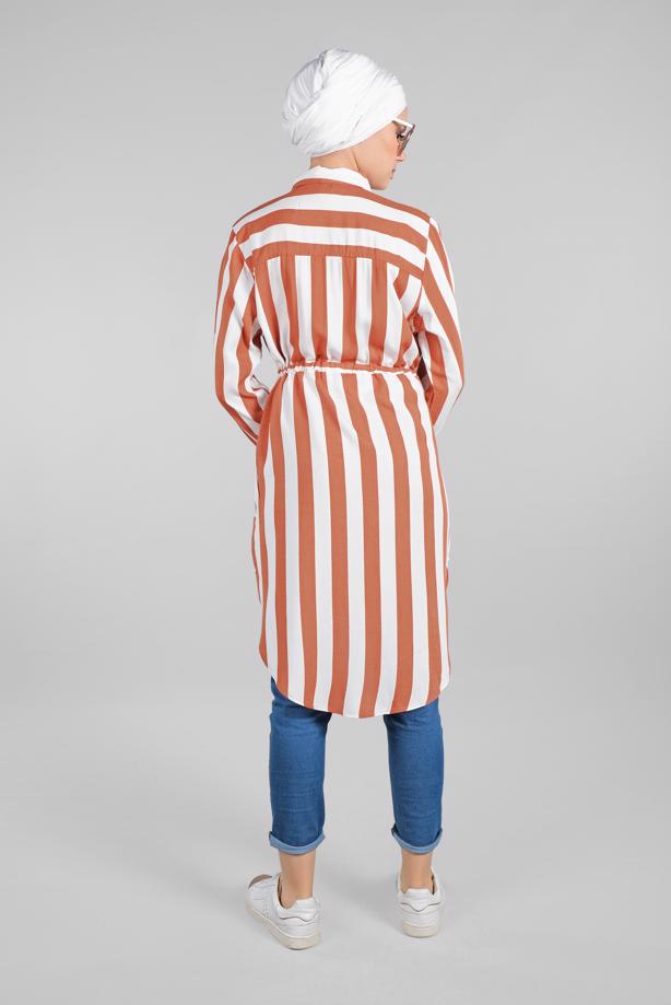 Tesettür giyim  BELDEN BAĞCIK DETAYLI ÇİZGİLİ TUNİK  2924  - TRENDTESETTÜR