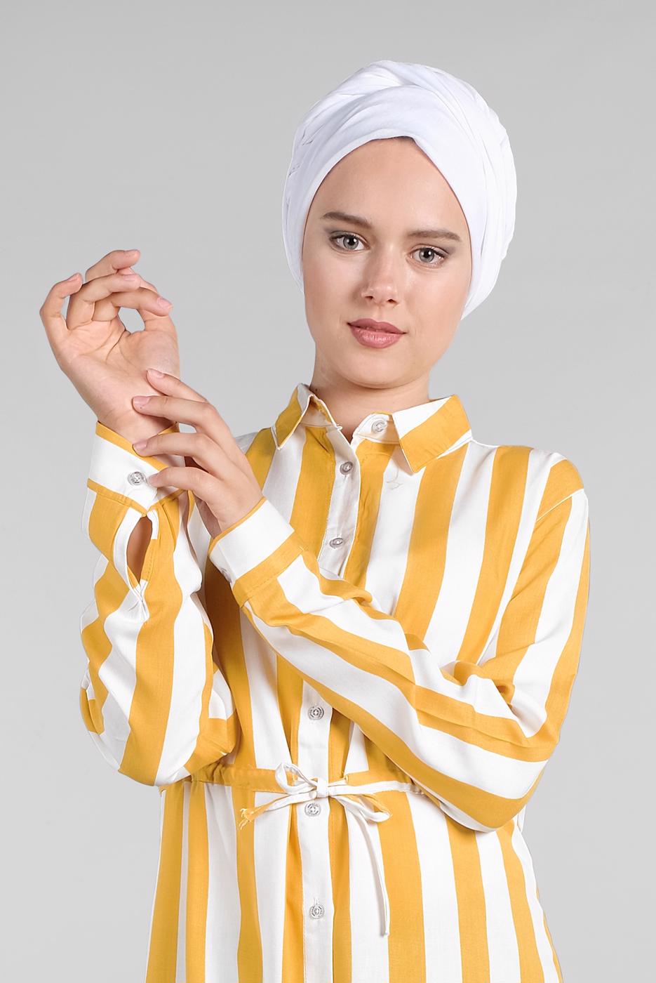 Hijab clothing ECRU STRIPPED TIE-FRONT SHIRT TUNIC 2924 