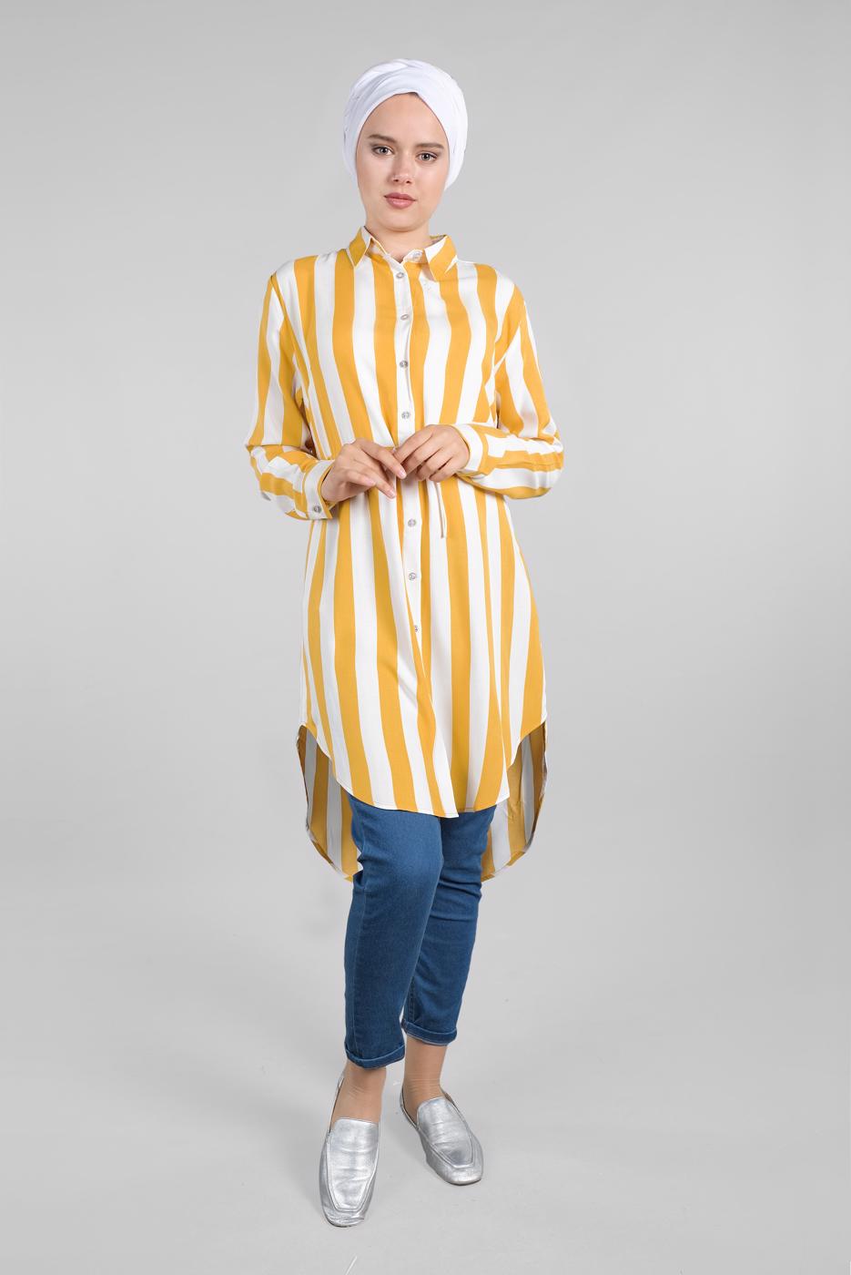Hijab clothing ECRU STRIPPED TIE-FRONT SHIRT TUNIC 2924 