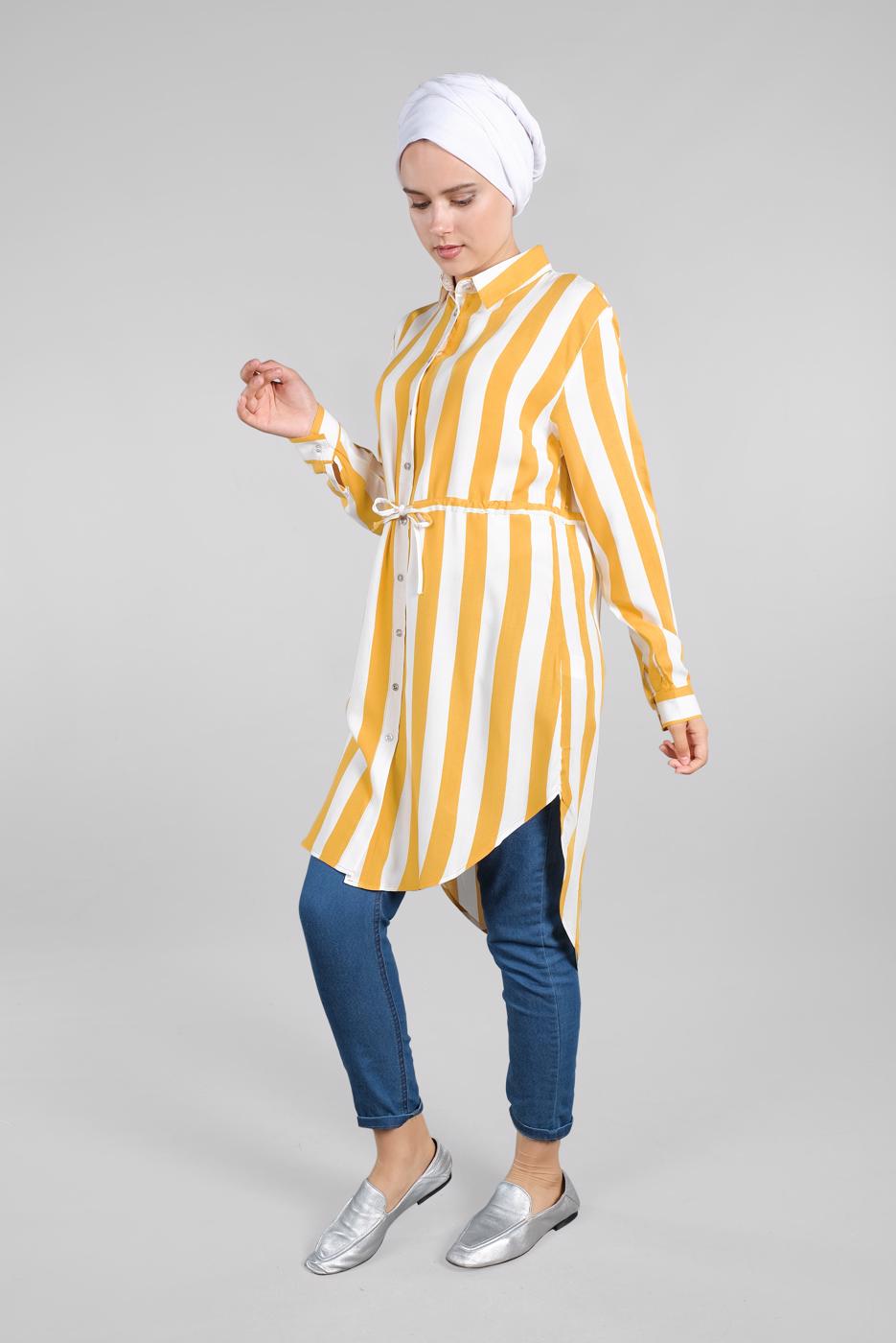 Hijab clothing ECRU STRIPPED TIE-FRONT SHIRT TUNIC 2924 