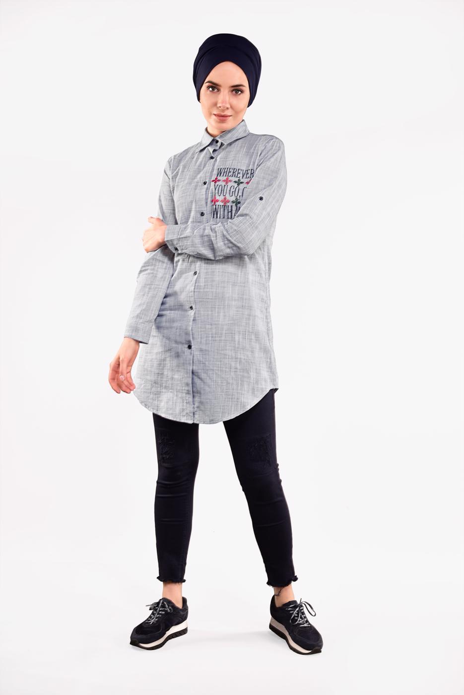 Vêtements hijab GRIS CHEMISE BRODÉE 3103 