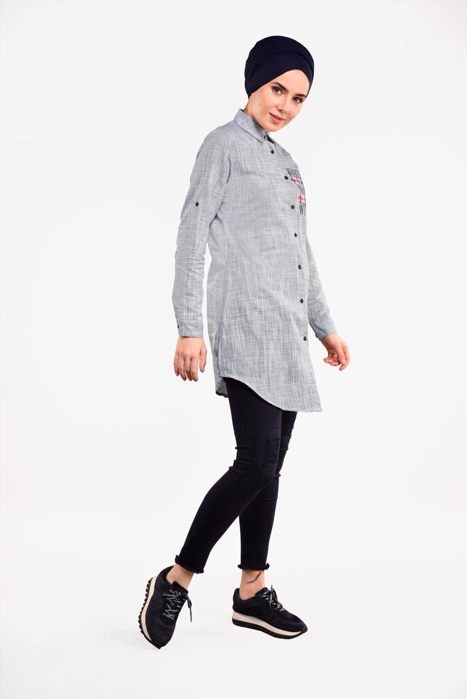 Vêtements hijab GRIS CHEMISE BRODÉE 3103 