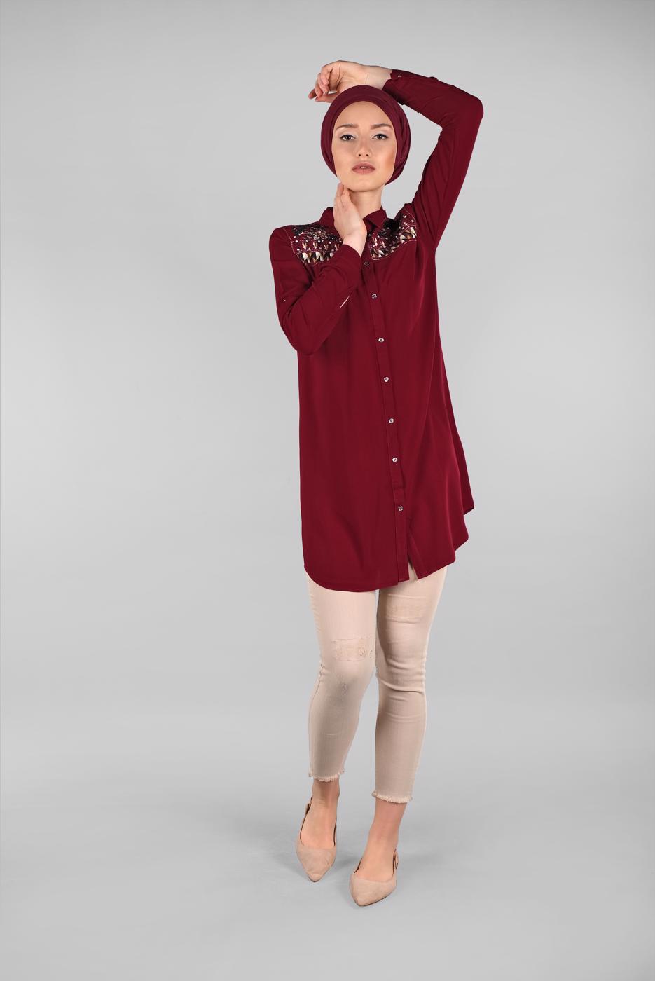 Hijab clothing CLARET RED EMBROIDERED SHIRT 3174 