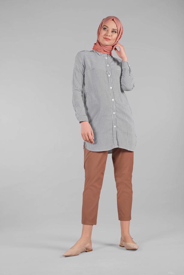 Tesettür giyim  ÇİZGİLİ BOYDAN DÜĞMELİ TUNİK T 3333 - TRENDTESETTÜR