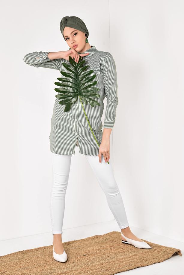 Tesettür giyim  ÇİZGİLİ BOYDAN DÜĞMELİ TUNİK T 3333 - TRENDTESETTÜR