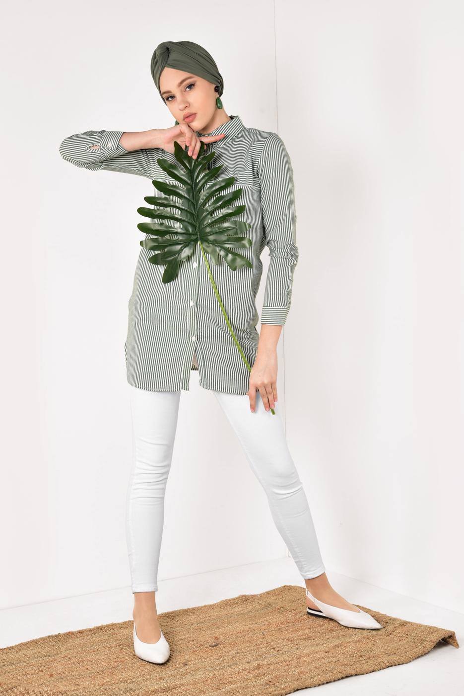 Hijab clothing GREEN STRIPPED SHIRT 3333