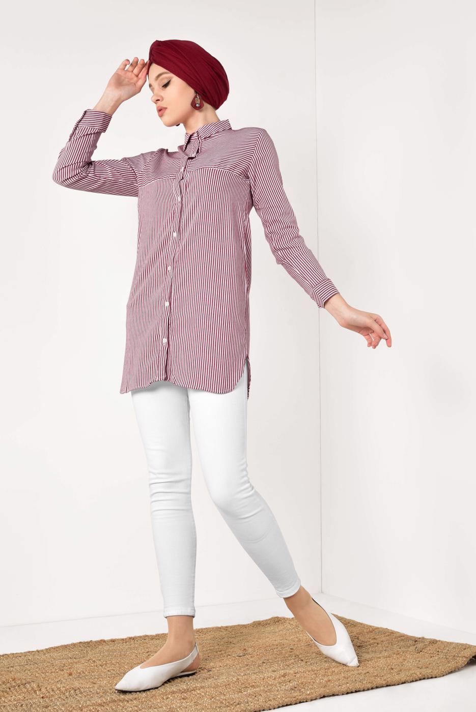 Hijab clothing CLARET RED STRIPPED SHIRT 3333