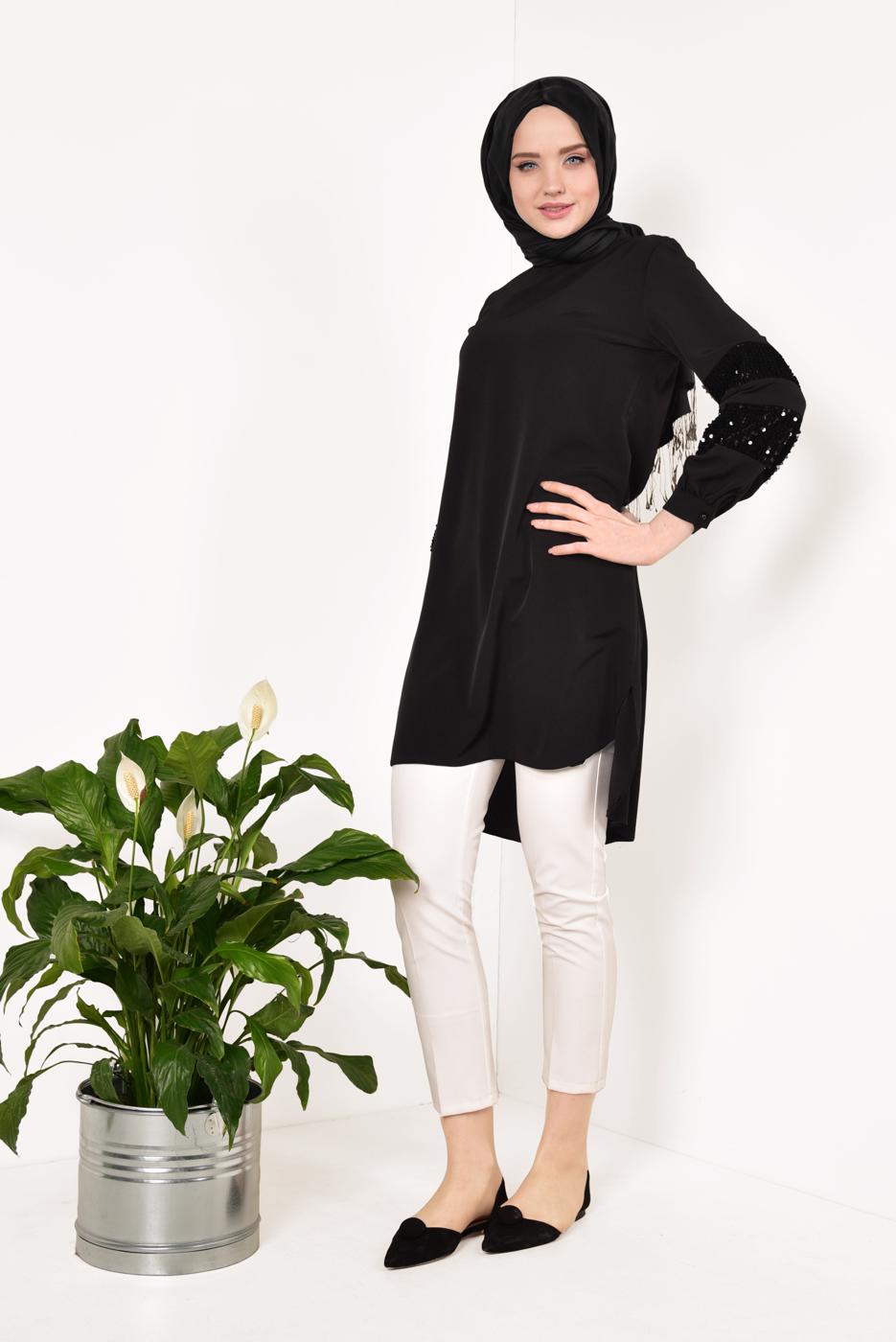 Hijab clothing BLACK SEQUINNED TUNIC 3412