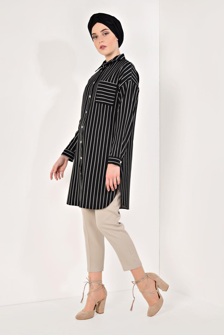Tesettür giyim SİYAH ÇİZGİLİ KLASİK YAKA DÜĞMELİ TUNİK T 3426