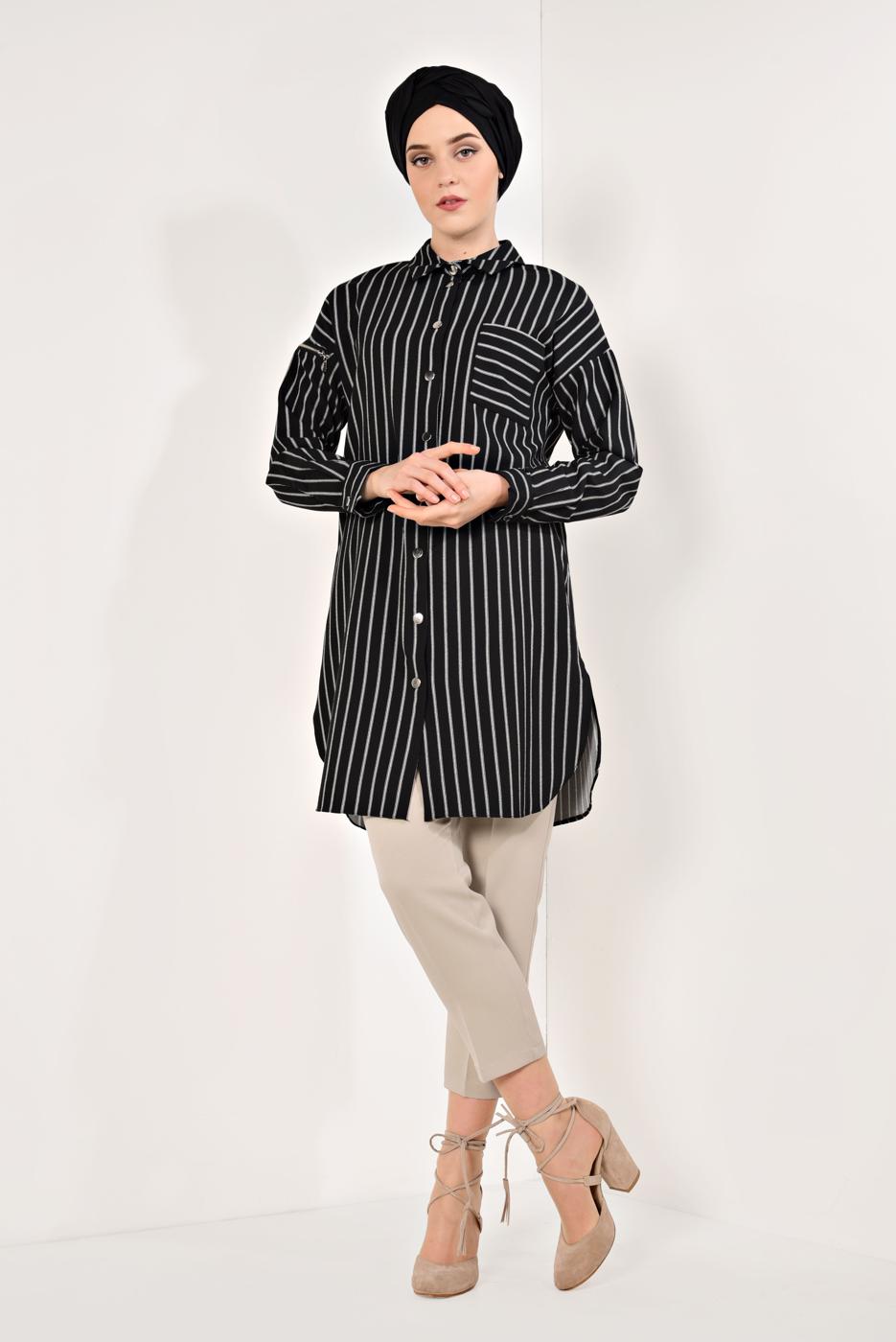 Tesettür giyim SİYAH ÇİZGİLİ KLASİK YAKA DÜĞMELİ TUNİK T 3426