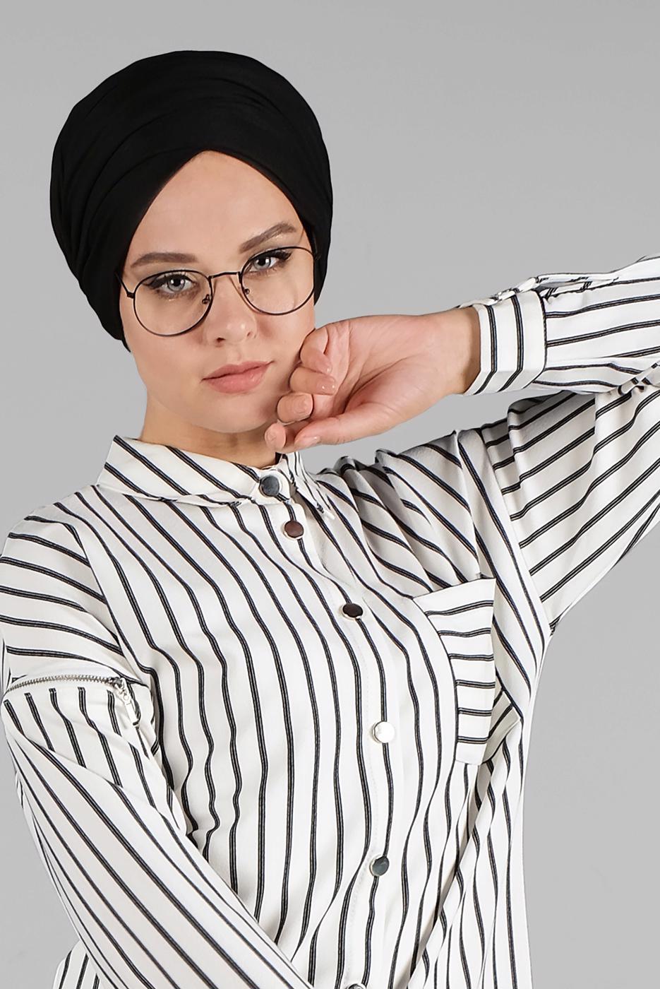 Tesettür giyim KREM ÇİZGİLİ KLASİK YAKA DÜĞMELİ TUNİK T 3426